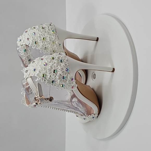 Crystal Queen White Lace Pearl Wedding Heels Bridal Sandals 41 Floral Stiletto - Picture 8 of 15